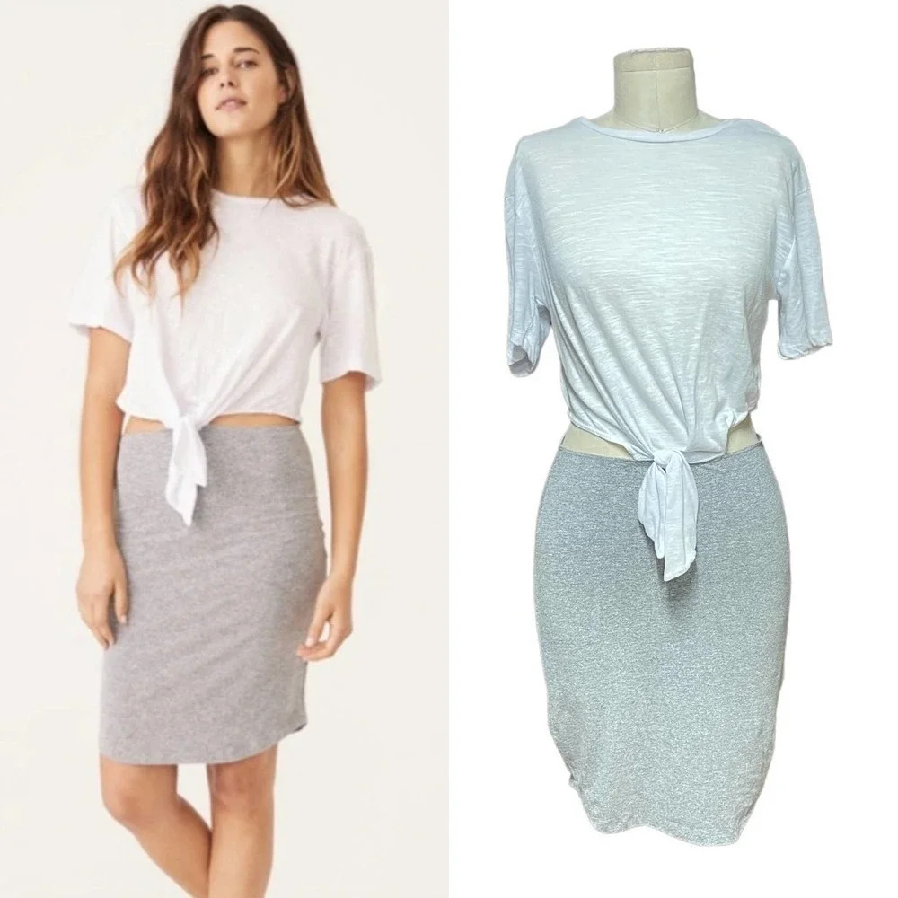 Monrow Cutout Waist Contrast T-Shirt Dress White Gray Size Small‎